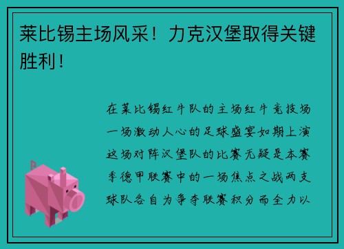 莱比锡主场风采！力克汉堡取得关键胜利！